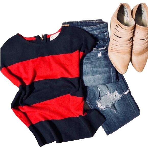 NEW PHILOSOPHY Short Sleeve Red Navy Blue Wide Striped Zipper Back Sweater M - Picture 2 of 6